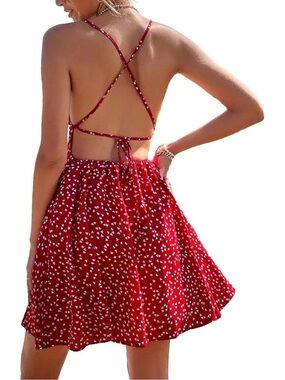 Red heart print open back sun dress